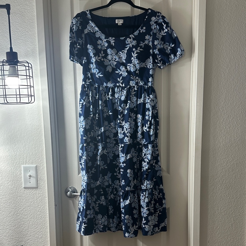 J. Crew Navy and White Floral Tiered Midi Dress
